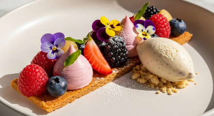 Indulge in this delightful dessert creation with fresh berries, edible flowers and vanilla ice cream, a culinary masterpiece for restaurant promotions
