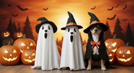 Spooky Doggy Ghosts and Pumpkins Celebrate Halloween Night Outdoors