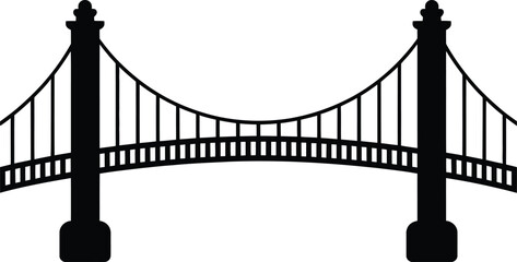 Simple black suspension bridge illustration with detailed cables on transparent background silhouette