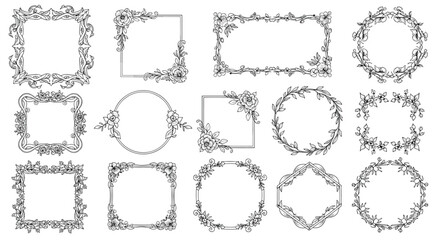 A collection of decorative floral frames and borders in a vintage style.