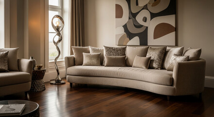 Experience elegant living with this modern living room design featuring a stylish sofa, contemporary art, and warm lighting for a sophisticated lifestyle