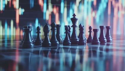 Black chess pieces arranged on a board against a vibrant stock market graph background