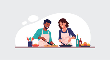 A couple is happily cooking a healthy meal together at home.