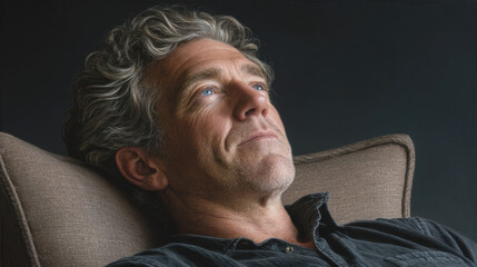 Mature man with gray hair resting in chair with eyes closed. This portrait captures calm, serene male sleeping, napping, or relaxing peacefully indoors with content look