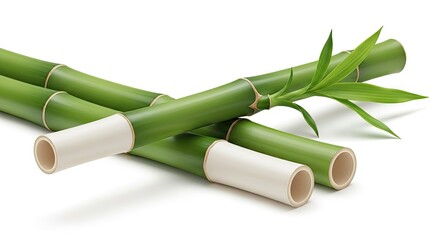 Fototapeta premium Fresh Green Bamboo Stalks with Green Leaves on White Background; Flora and Stem