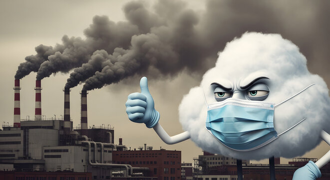 Anthropogenic pollution from factories with smoking chimneys and a personified cloud wearing a mask giving a thumbs up - Powered by Adobe