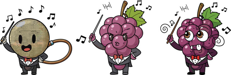 Cartoon fruit musicians, grape conductor, microphone singer, funny fruit characters, musical fruit artwork, anthropomorphic design, orchestra illustration, playful healthy food concept © Heyy