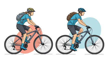 Obraz premium Two cyclists ride bicycles on a white background with colorful circles.