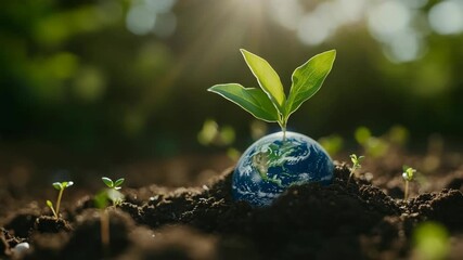 Green plant growing from blue Earth globe in brown soil surrounded by small sprouts under warm sunlight representing ecological awareness climate protection sustainability hope clean energy and growth