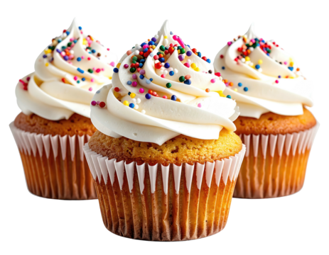 Three cupcakes with frosting and sprinkles