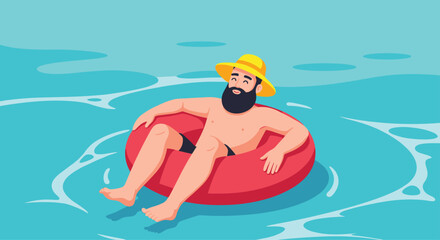 A bearded man wearing a yellow hat relaxes in a red inflatable ring in the water.