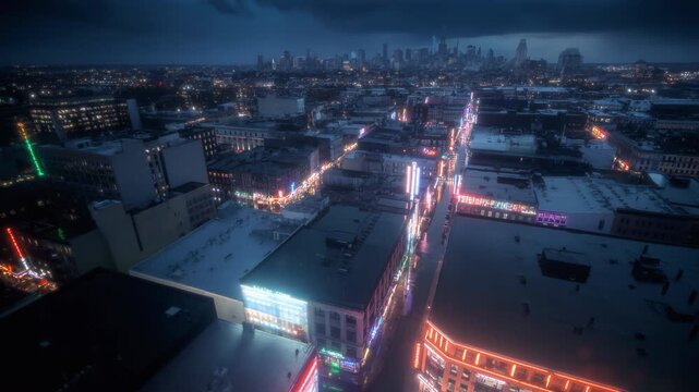 A fixed shot from a high rooftop overlooking a wet city. Reflections shimmer on the slick surface, neon signs flicker below, and distant thunder flashes illuminate the skyline.