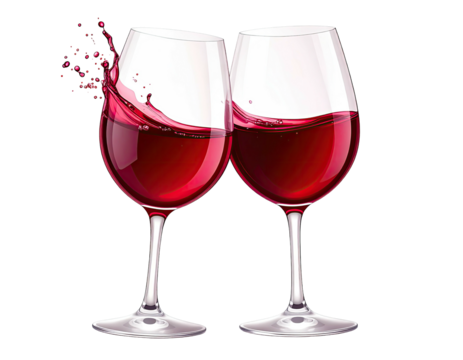 Two wine glasses filled with red wine, splashing