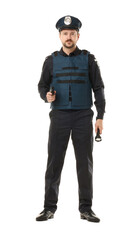 Fototapeta premium Policeman in uniform with gun and flashlight on white background