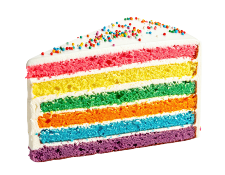 Colorful cake slice with rainbow layers