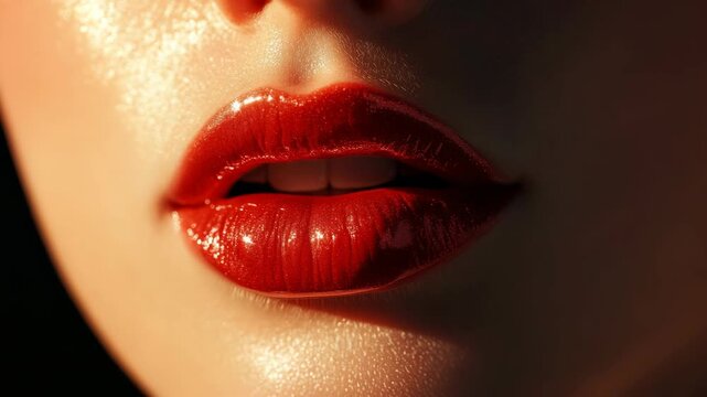 Emphasizing the captivating of female beauty this closeup photography showcases alluring red lips and soft skin, effectively highlighting the glossy shine that enhances their appeal and sophistication