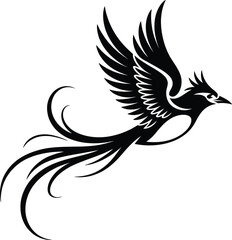 Elegant black bird with detailed wings in a dynamic pose on transparent background silhouette