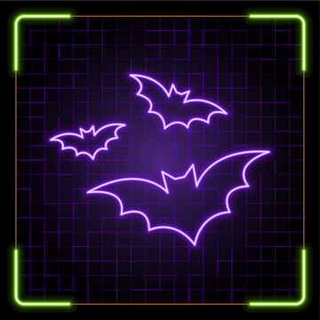 Bat flitter mouse icon illustration, Halloween vector symbol collection, cyber neon visual, glowing borders frames.	