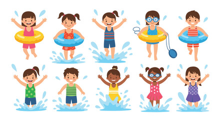 Fototapeta premium Children enthusiastically jumping into a swimming pool splashing water.