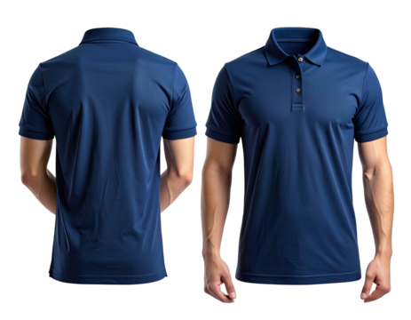 Navy polo shirt, front and back views