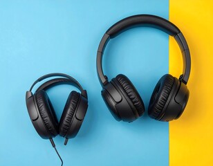 Two black headphones on a blue and yellow background