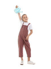 Little girl with watering can on white background. Grow up faster