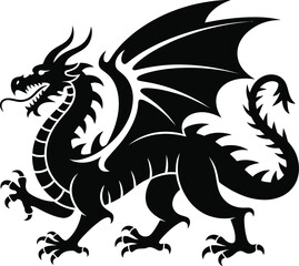 Detailed black dragon illustration with wings claws and scales on transparent background silhouette