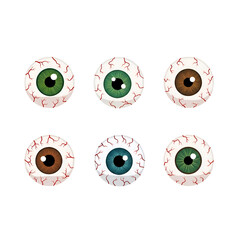 Six realistic eyeballs with different iris colors isolated on a transparent background