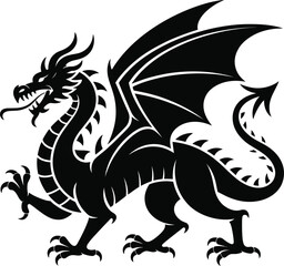 Detailed black dragon illustration with wings claws and tail on transparent background silhouette
