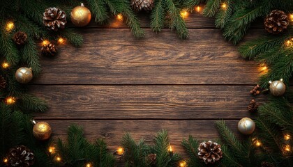 Christmas decoration with pine branches and ornaments on rustic wood