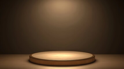 Illuminated wooden platform, spotlight, dark background, product display