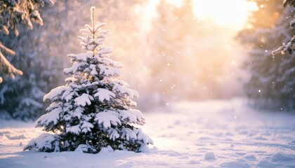 Snowy young evergreen tree in winter forest at sunrise