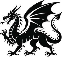 Detailed black dragon illustration with wings and claws on transparent background silhouette
