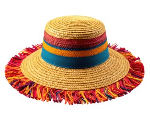 Colorful straw hat with fringed trim
