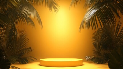 Yellow product display podium, tropical palms,  soft lighting, summer background, ideal for advertising