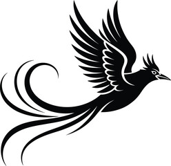 Elegant bird with long flowing tail feathers on transparent background silhouette