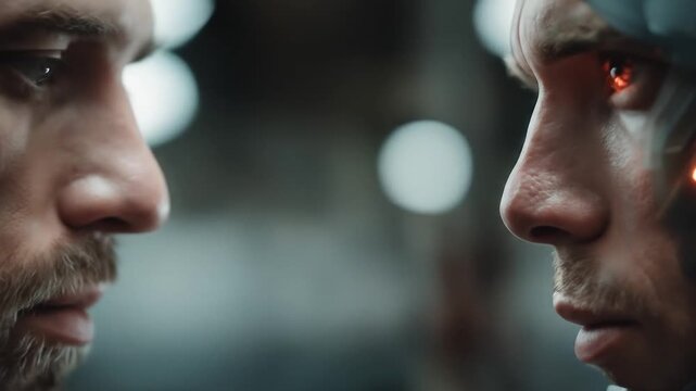 Cinematic closeup faceoff between bearded man and cybernetic soldier with glowing red eye.