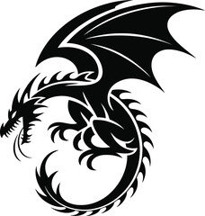 Detailed black dragon illustration with wings and tail on transparent background silhouette