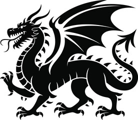 Detailed black dragon illustration with wings spread perfect for design on transparent background silhouette
