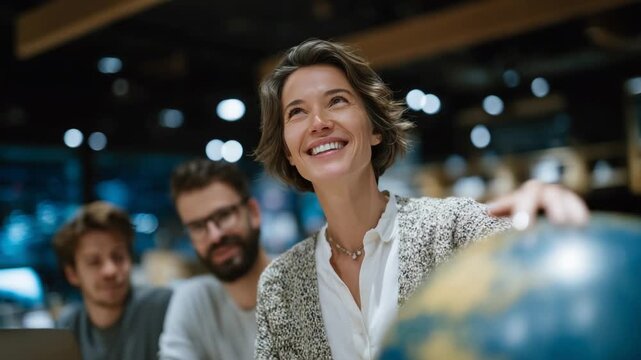 A dynamic travel agent engages clients with a laser pointer on a globe in a modern, brochure-filled office.