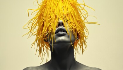 Surreal portrait face with yellow spaghetti hair on monochrome background. Artistic concept illustration with bold contrast. Abstract visual metaphor for creativity. Mysterious identity, modern
