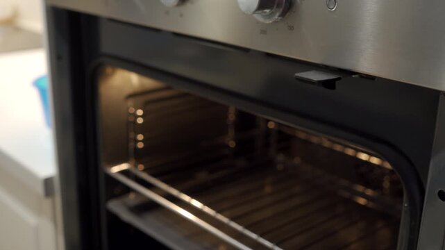 A hand, with fingers in motion and a reddish hue, grasps the metallic handle of an oven door. The oven has a brushed stainless steel finish and the door is slightly ajar, revealing a dark interior.