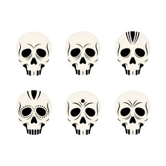 Six stylized skull illustrations with decorative patterns, isolated on transparent background