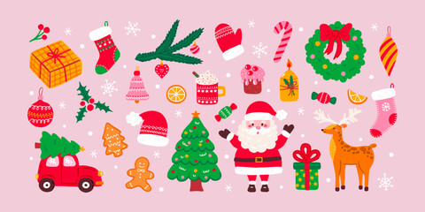 Set of Christmas hand drawn elements. Cute holiday Xmas graphic icons. Santa Claus, Christmas tree, gift boxes, baubles, bow, candle, candy. Perfect for greeting card and stickers. Vector flat