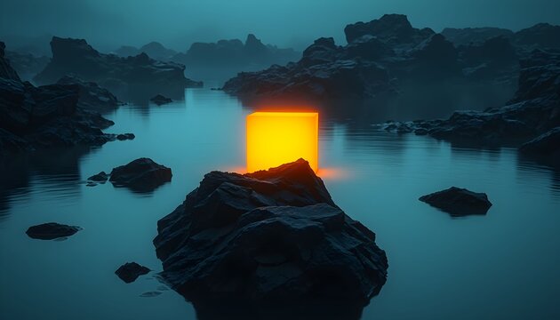 A mysterious glowing orange cube floats over water in a dark, rocky, and misty landscape.