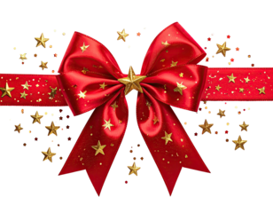 Festive red ribbon bow with gold stars