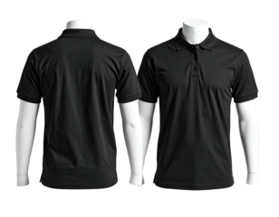 Front and back view of a black polo shirt on a white mannequin