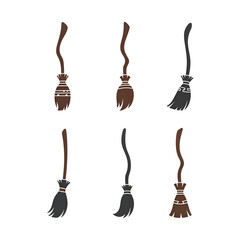 Set of six witch brooms in different styles and colors, isolated on transparent background