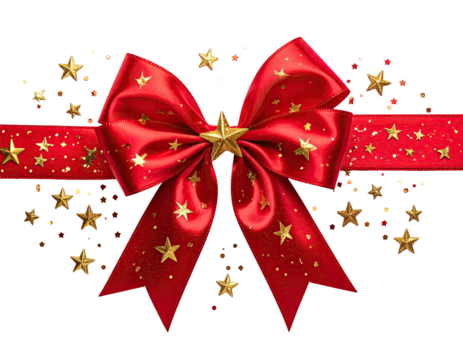 Festive red ribbon bow with gold stars