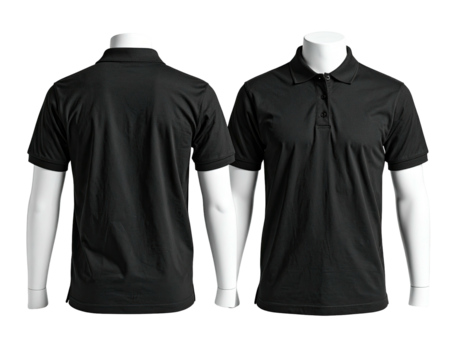 Front and back view of a black polo shirt on a white mannequin